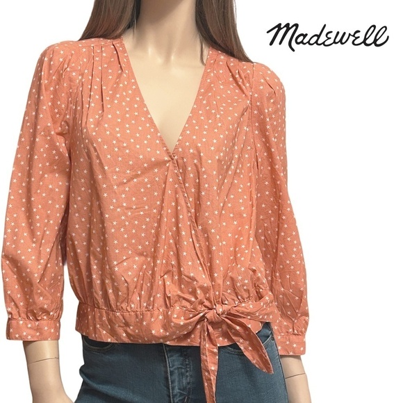 Madewell Blouse Top Shirt Wrap Peach Scatter Star Print Crossover Waist Tie - Picture 11 of 13